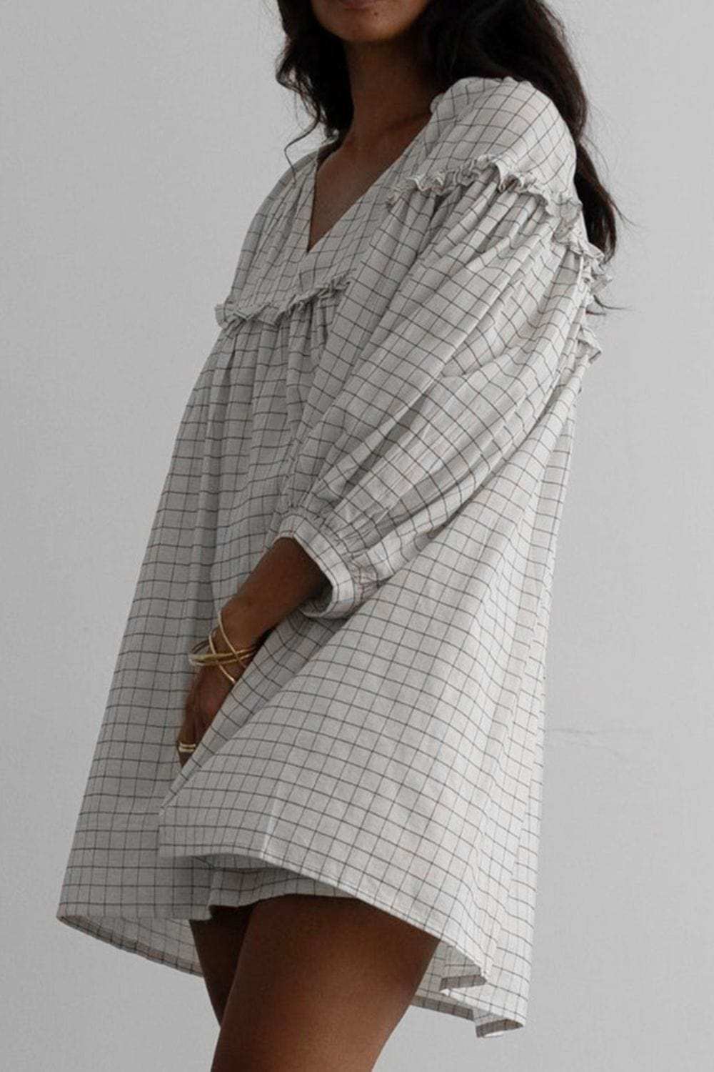 Frill Plaid Notched Balloon Sleeve Mini Dress - Trendsi - Flyclothing LLC