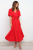 Front Tie Short Sleeve Tiered Midi Dress - Trendsi - Flyclothing LLC