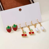 3 Piece 18K Gold-Plated Strawberry Cherry and Pearl Earrings - Trendsi - Flyclothing LLC