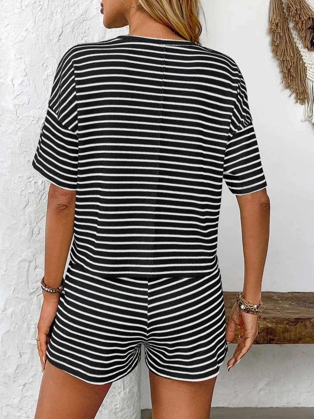Striped Round Neck Short Sleeve Top and Shorts Set - Trendsi - Flyclothing LLC