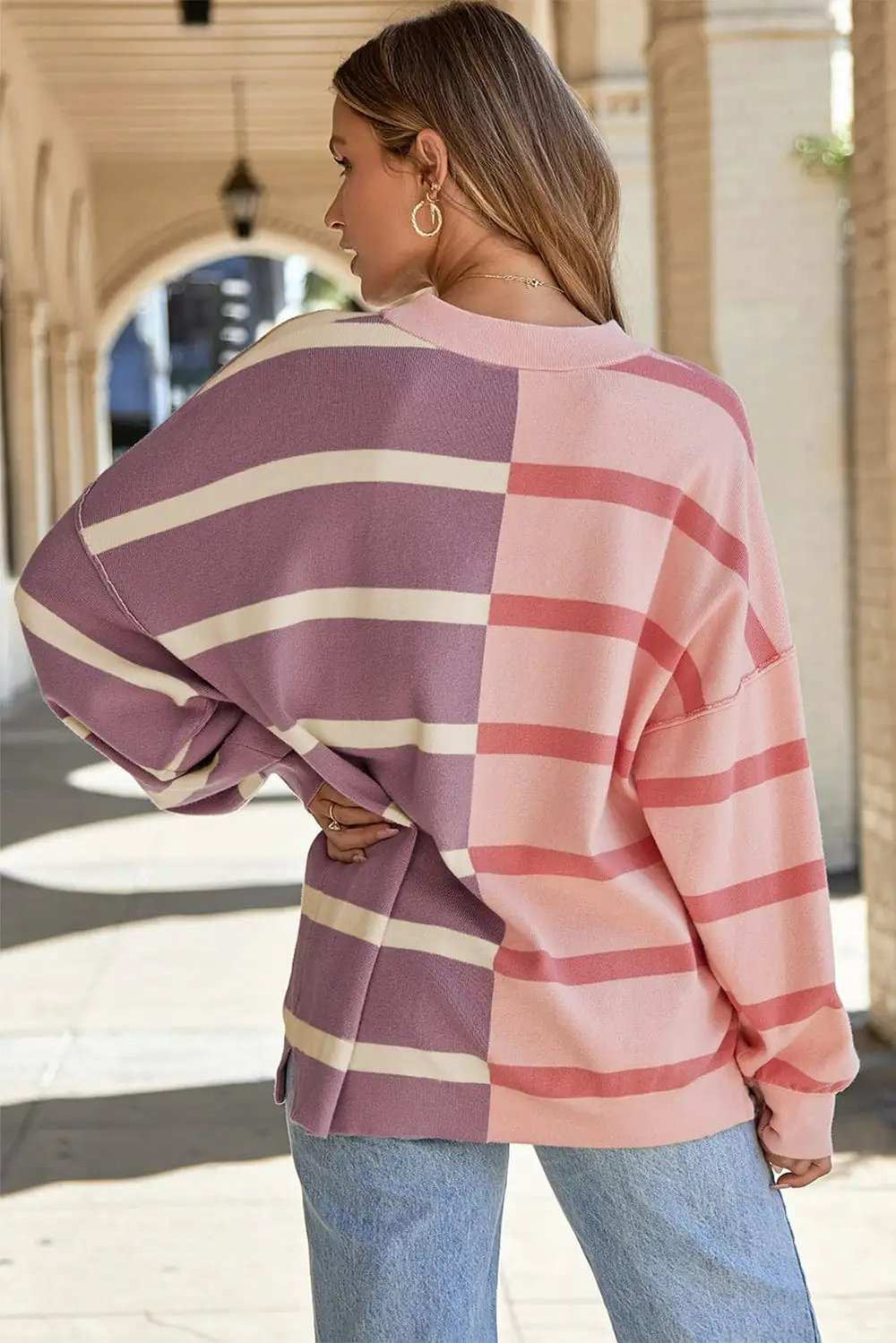 Striped Round Neck Long Sleeve Knit Top - Trendsi - Flyclothing LLC