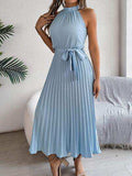 Grecian Neck Tie Waist Pleated Dress - Trendsi - Flyclothing LLC