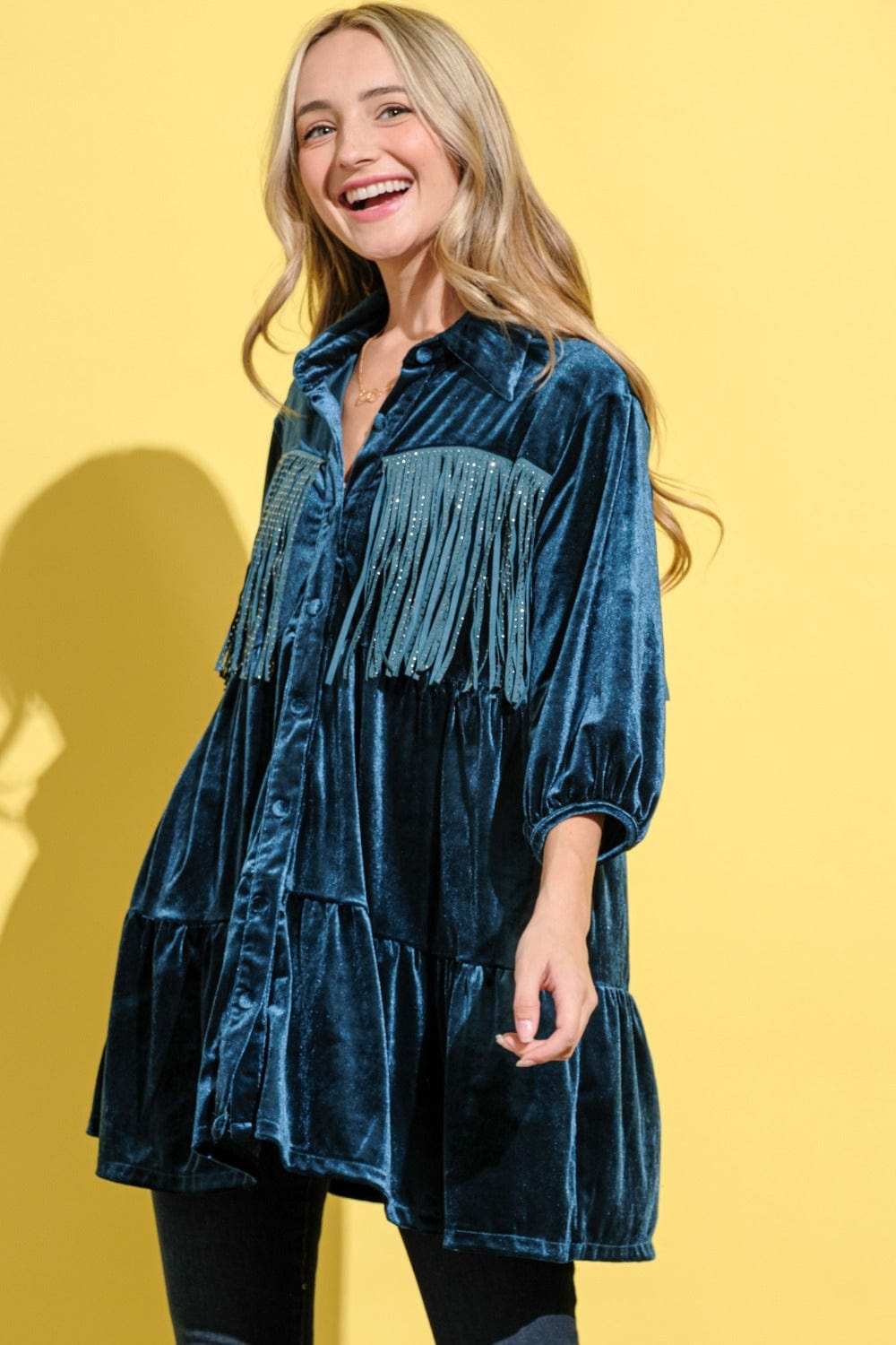 And The Why Fringe Detailed Velvet Shirt Dress - Trendsi - Flyclothing LLC