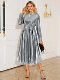 Tie Waist Long Sleeve Midi Dress - Trendsi - Flyclothing LLC