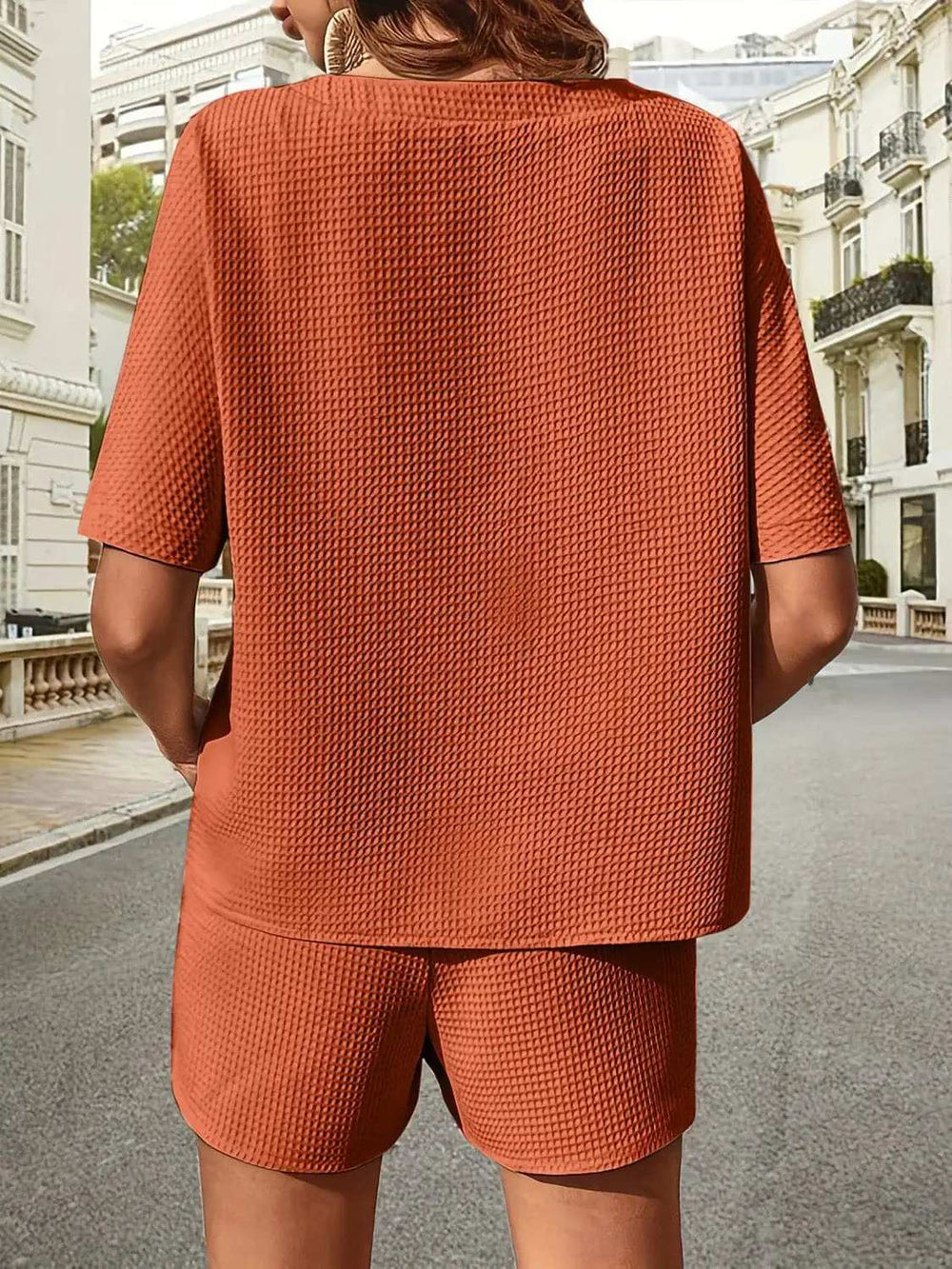 Waffle-Knit Half Sleeve Top and Shorts Set - Trendsi - Flyclothing LLC