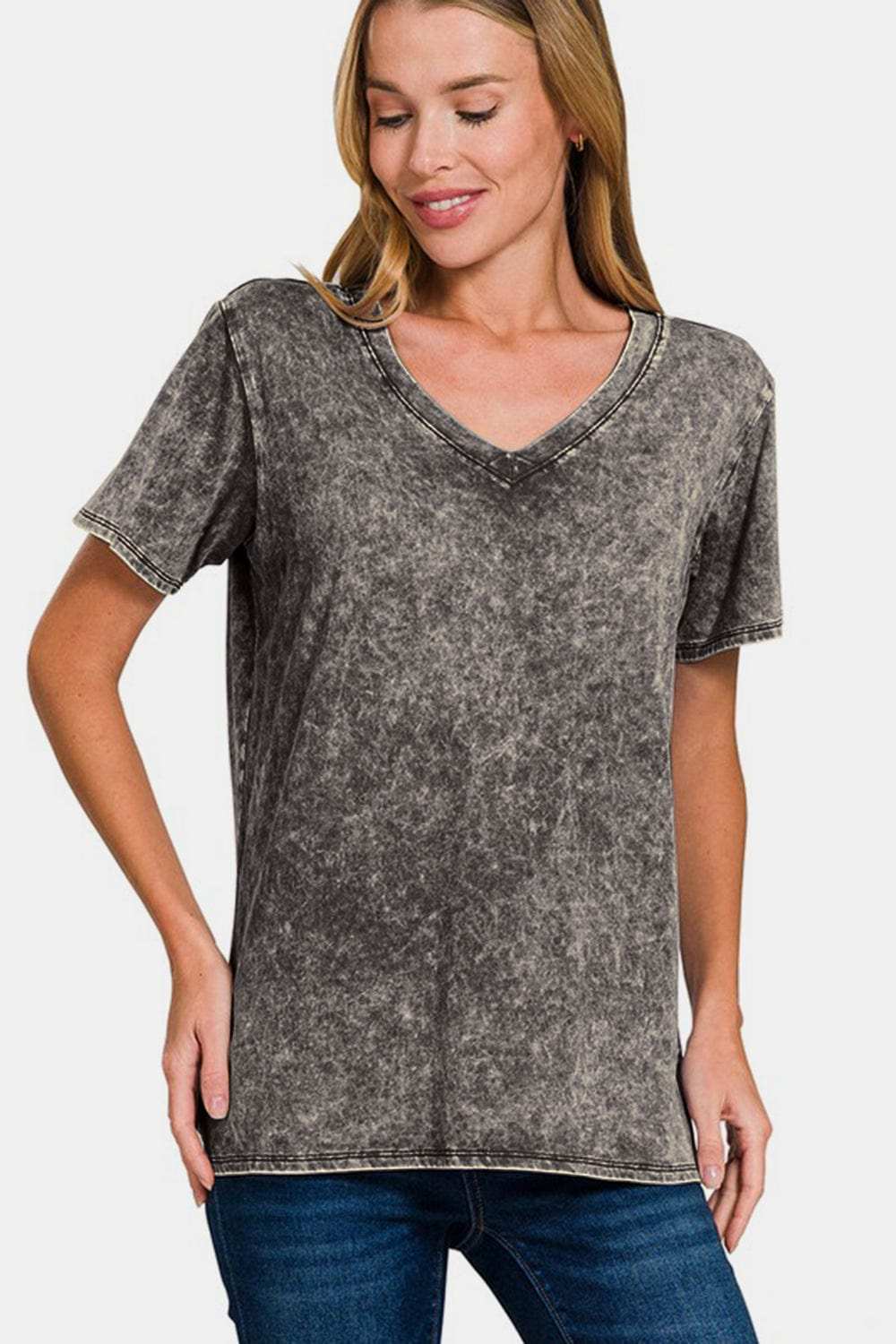 Zenana Full Size Washed Short Sleeve V-Neck T-Shirt - Trendsi - Flyclothing LLC