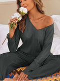 V-Neck Long Sleeve Top and Pants Set - Trendsi - Flyclothing LLC