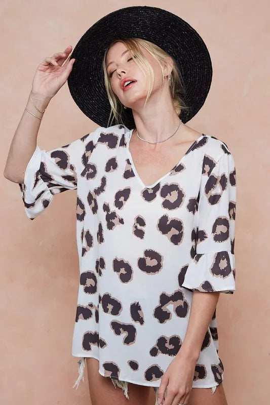 BiBi Leopard Printed V Neck Woven Top with Ruffled - Trendsi - Flyclothing LLC