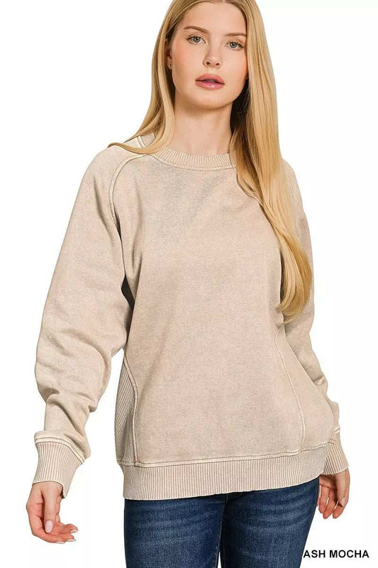 Zenana Acid Washed Fleece Sweatshirt with Side Rib - Trendsi - Flyclothing LLC