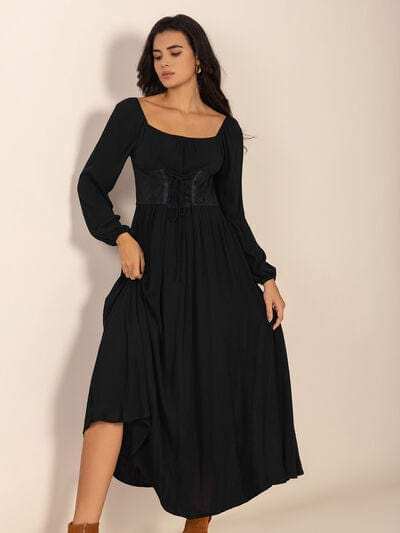 Lace-Up Square Neck Long Sleeve Midi Dress - Trendsi - Flyclothing LLC