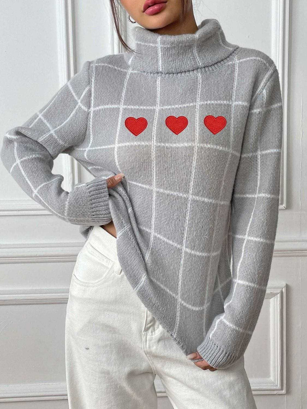 Heart Plaid Turtleneck Long Sleeve Sweater - Trendsi - Flyclothing LLC