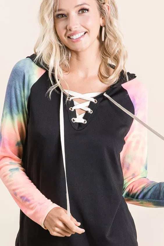 BiBi French Terry Lace Up Hoodie With Tie Dye Sleeves - Trendsi - Flyclothing LLC