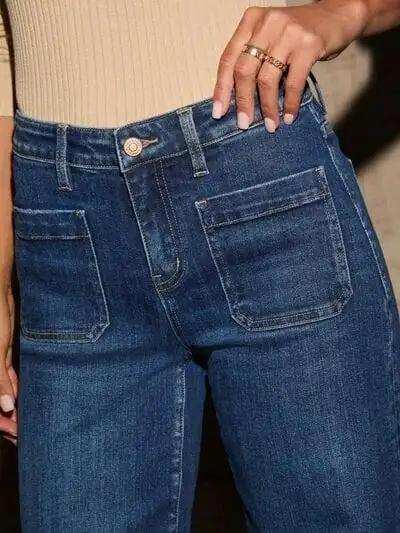 High Rise Front Pocket Patch Wide Leg Jeans - Trendsi - Flyclothing LLC