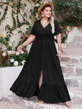 Plus Size Ruffled Hem Button Down V-Neck Short Sleeve Maxi Dress - Trendsi - Flyclothing LLC