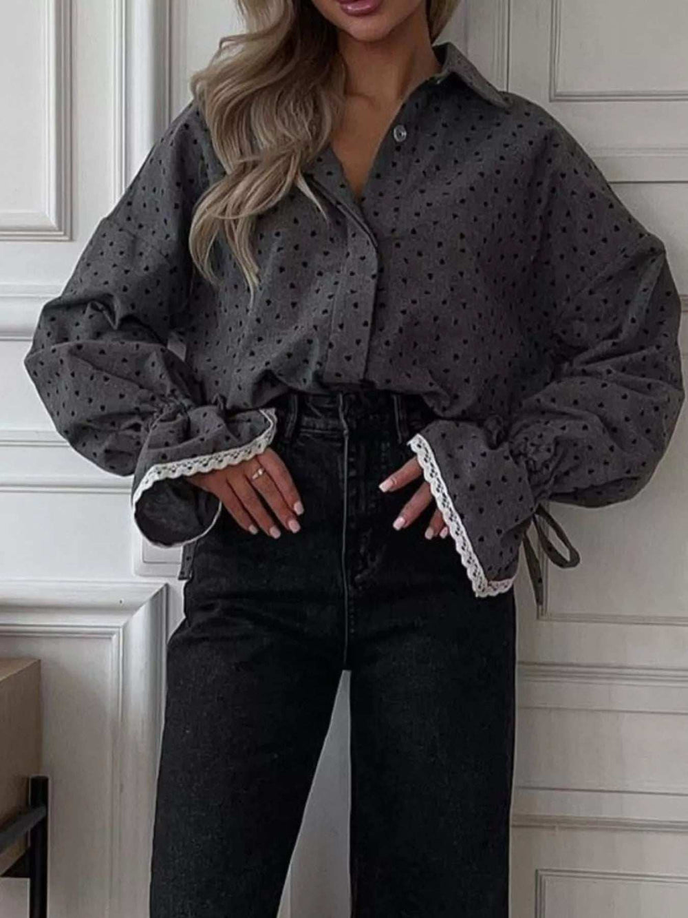 Heart Print Button Up Flounce Sleeve Shirt - Trendsi - Flyclothing LLC