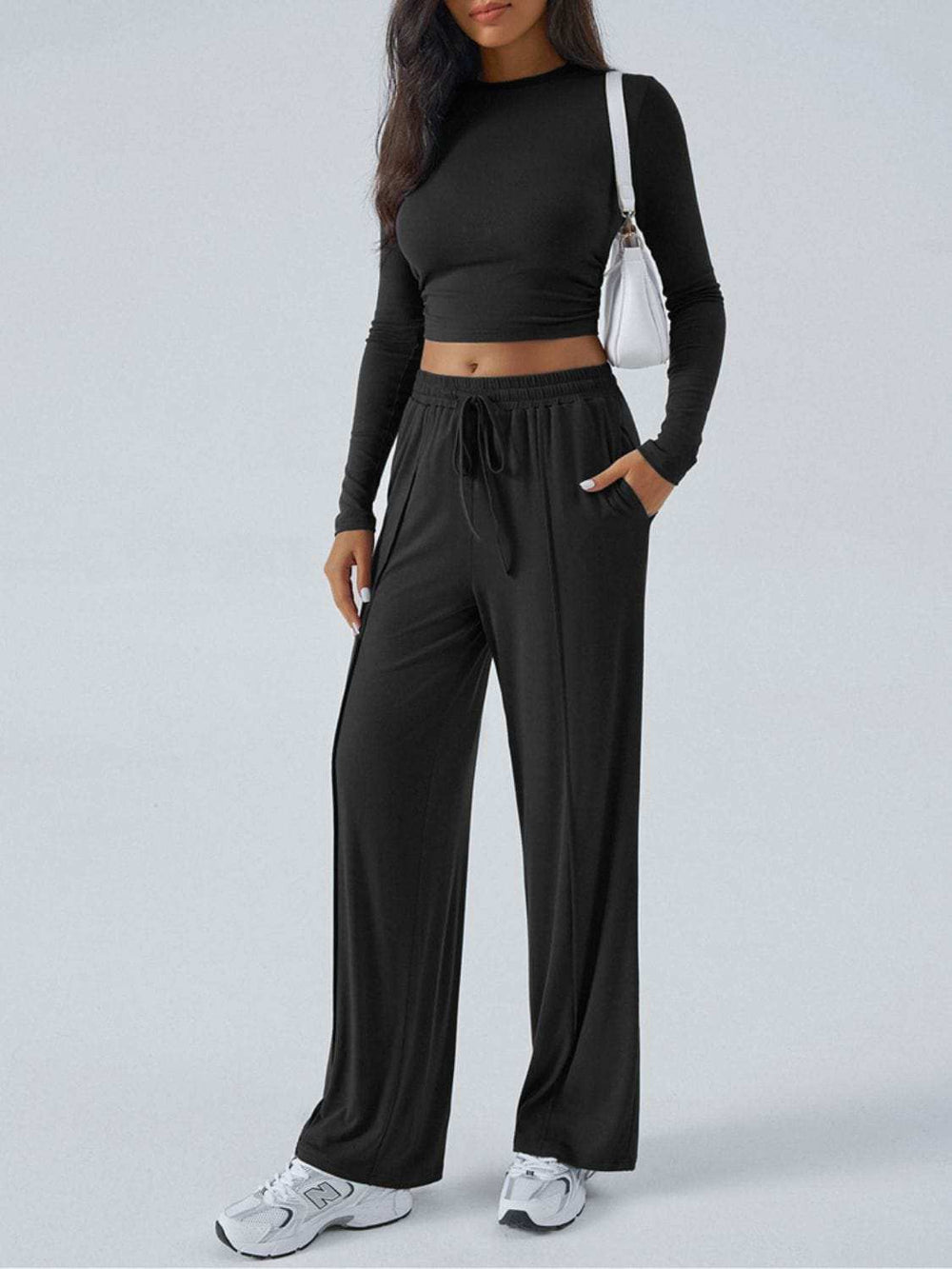 Devine Round Neck Long Sleeve Top and Pants Set - Trendsi - Flyclothing LLC