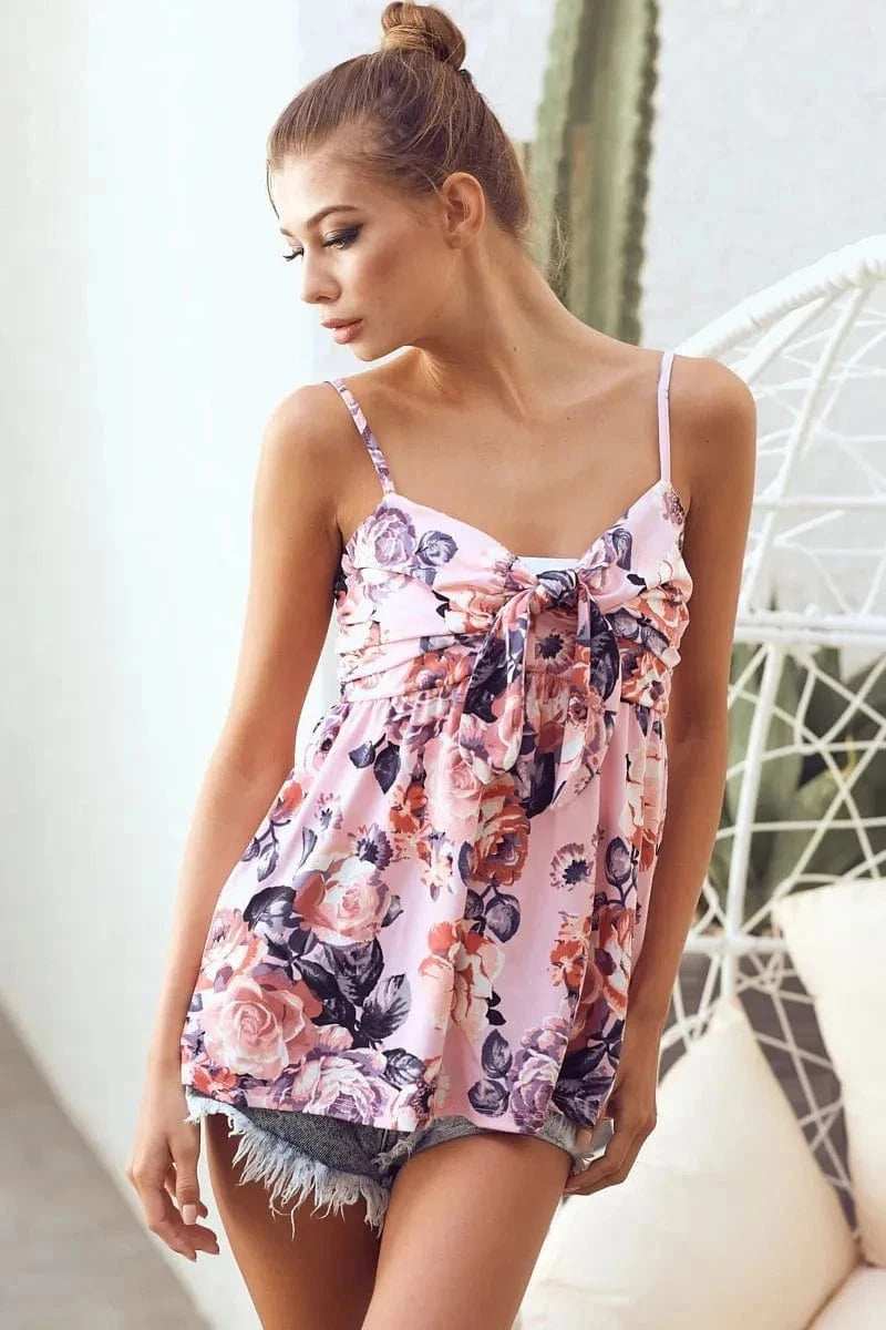 BiBi Floral Printed Jersey Knit with Tie Ribbon Front - Trendsi - Flyclothing LLC