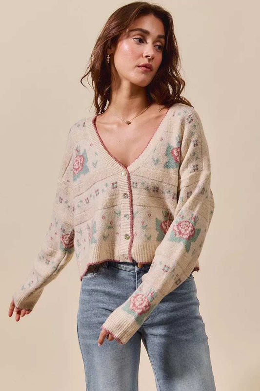 SO ME Floral Pattern Long Sleeve Button Sweater Cardigan - Trendsi - Flyclothing LLC