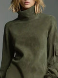 Full Size Suede Turtleneck Lantern Sleeve Mini Dress Plus Size - Trendsi - Flyclothing LLC