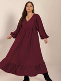 Plus Size Ruffled Hem V-Neck Balloon Sleeve Dress - Trendsi - Flyclothing LLC
