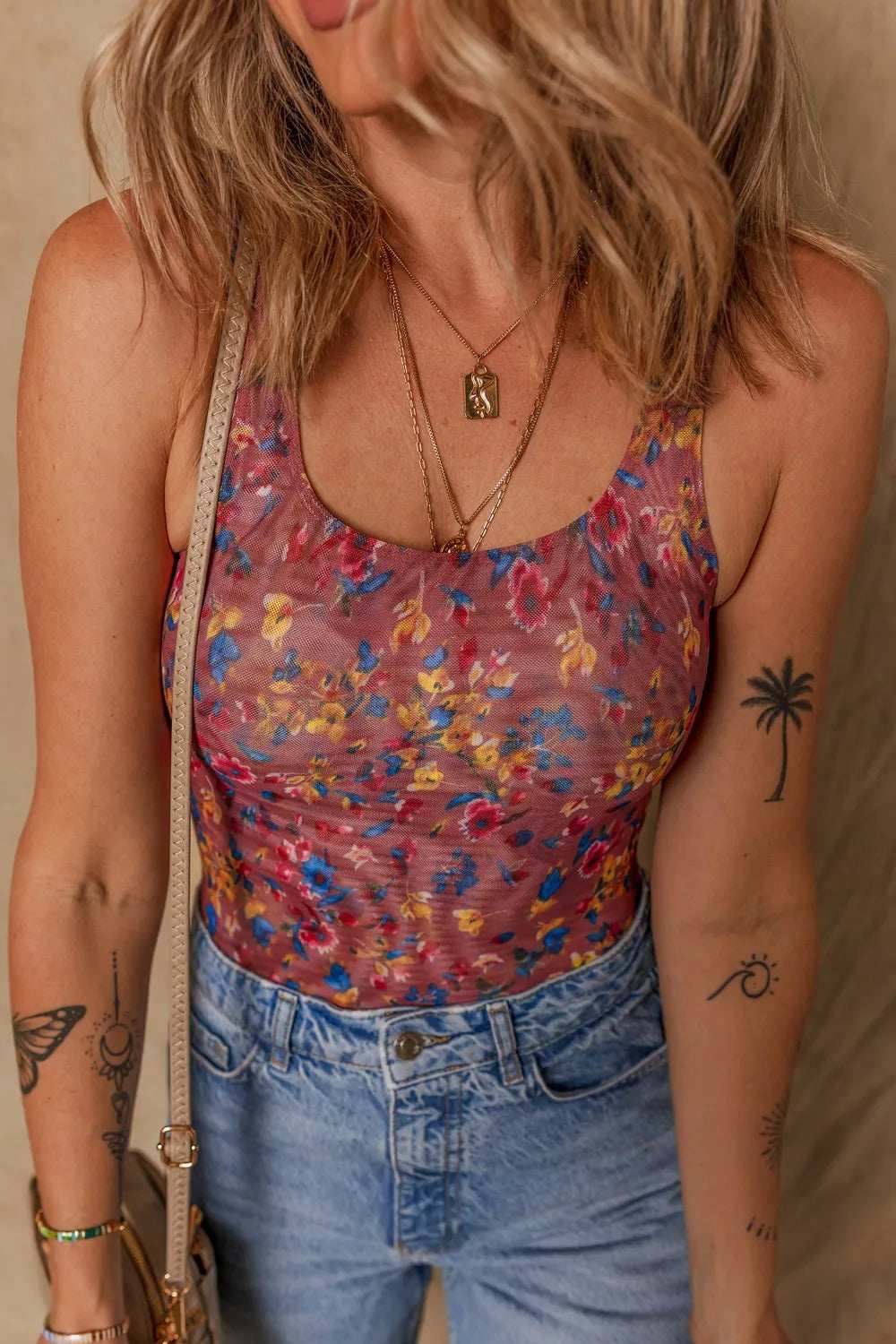 Floral Mesh Scoop Neck Wide Strap Bodysuit - Trendsi - Flyclothing LLC