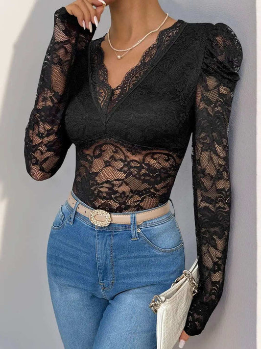 Perfee Lace V-Neck Long Sleeve Bodysuit - Trendsi - Flyclothing LLC