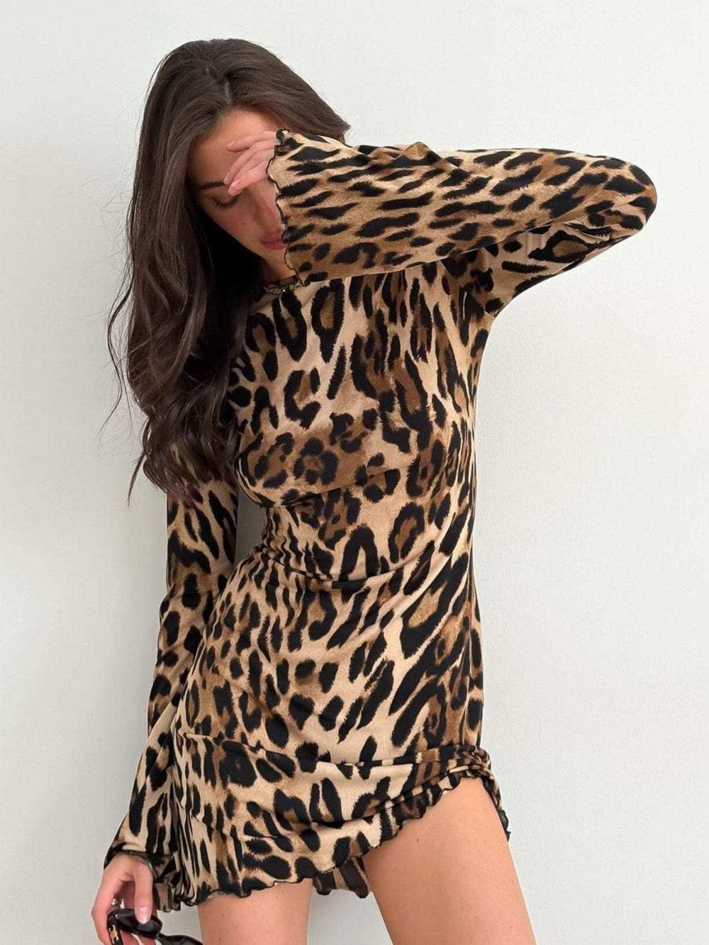 Leopard Backless Long Sleeve Mini Dress - Trendsi - Flyclothing LLC