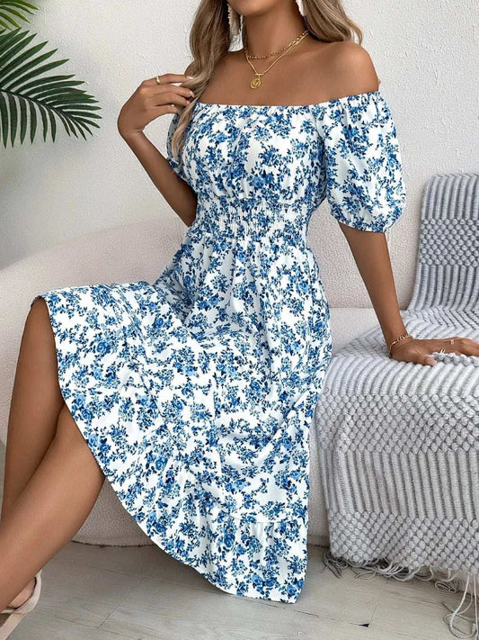 Ruffled Hem Floral Puff Sleeve Dress - Trendsi - Flyclothing LLC