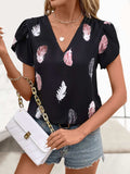 Printed V-Neck Short Sleeve Blouse - Trendsi - Flyclothing LLC