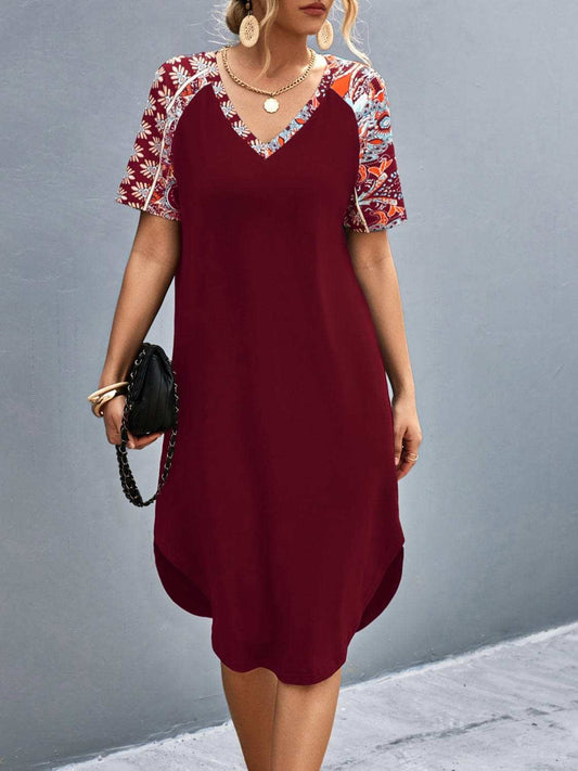 Printed V-Neck Short Sleeve Dress - Trendsi - Flyclothing LLC