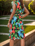 Ruffled Printed Surplice Cap Sleeve Dress - Trendsi - Flyclothing LLC