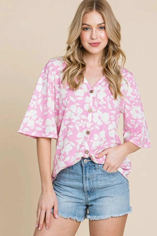 BOMBOM Floral Decorative Button V-Neck Top - Trendsi - Flyclothing LLC