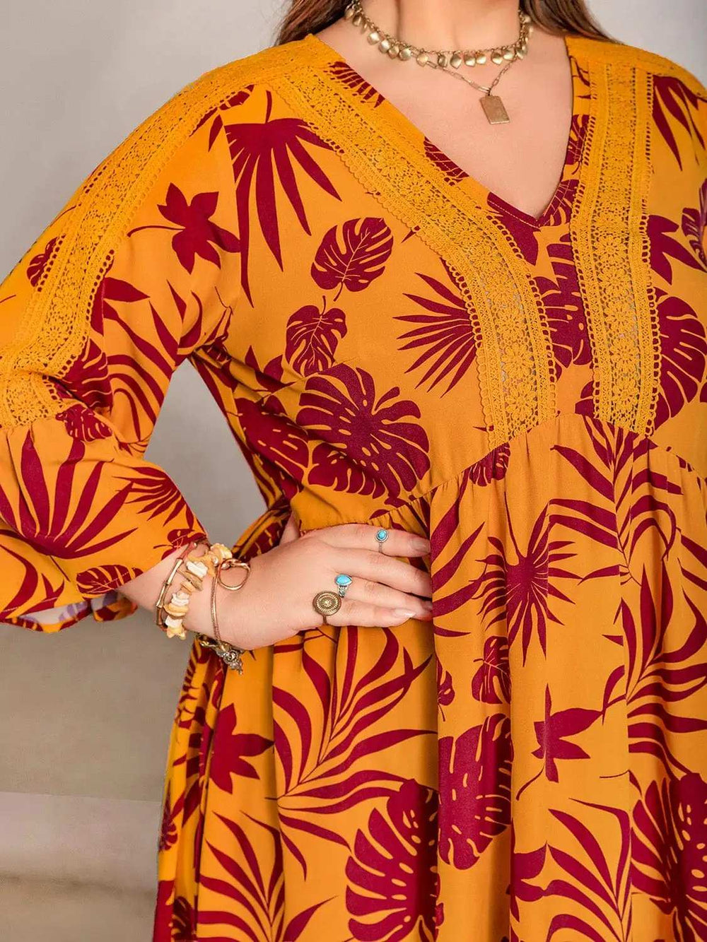 Plus Size Lace Detail Printed V-Neck Maxi Dress - Trendsi - Flyclothing LLC