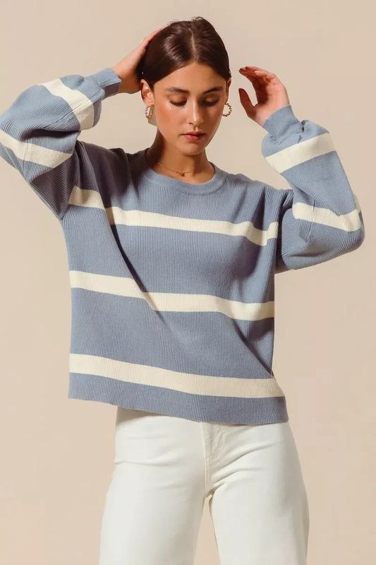 SO ME Ribbed Striped Round Neck Sweater - Trendsi - Flyclothing LLC