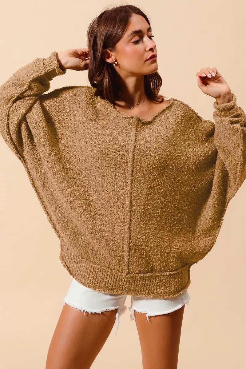 SO ME Loose Fit Exposed Seam Slouchy Boucle Sweater - Trendsi - Flyclothing LLC