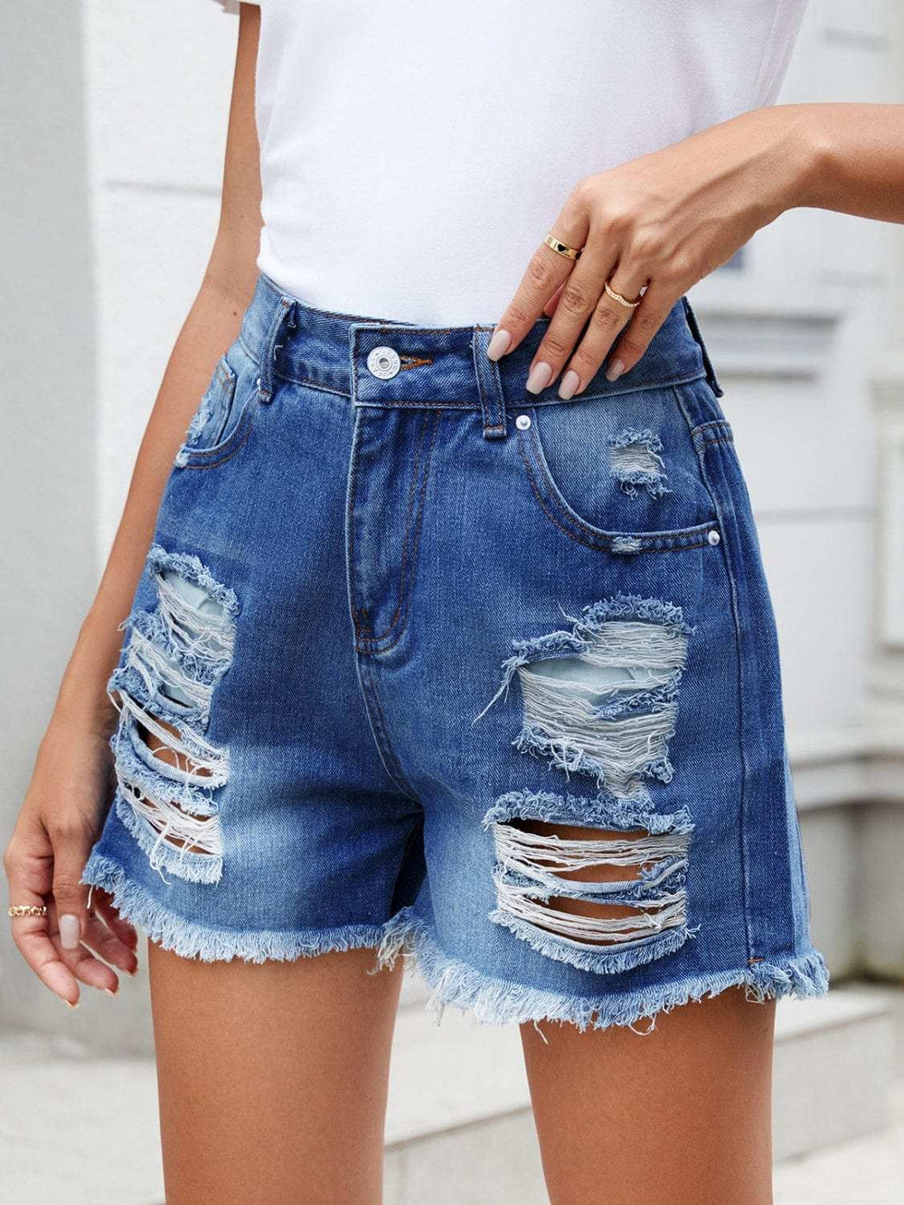 Distressed Raw Hem Denim Shorts - Trendsi - Flyclothing LLC