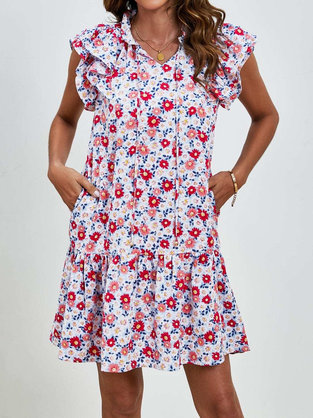 Tied Floral Cap Sleeve Mini Dress - Trendsi - Flyclothing LLC