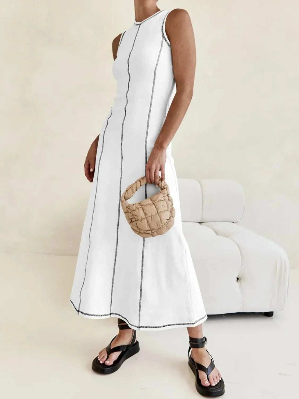 Contrast Stitching Round Neck Sleeveless Midi Dress - Trendsi - Flyclothing LLC