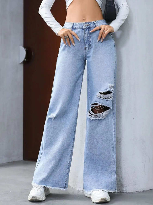 Distressed Raw Hem Wide Leg Jeans - Trendsi - Flyclothing LLC