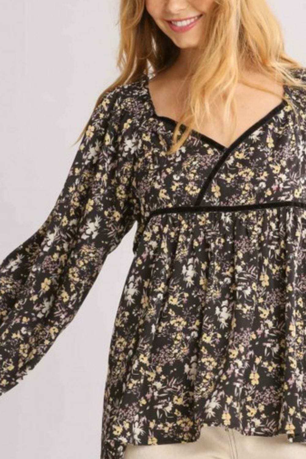 Umgee Full Size Floral Print Velvet Trimmed Balloon Sleeve Top Plus Size - Trendsi - Flyclothing LLC