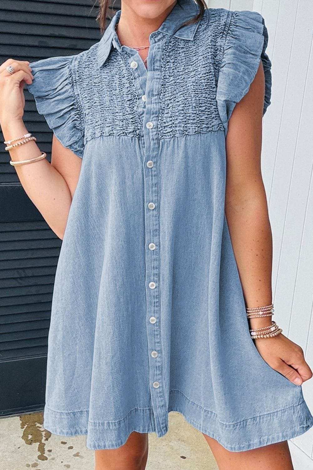 Smocked Collared Neck Cap Sleeve Denim Dress - Trendsi - Flyclothing LLC