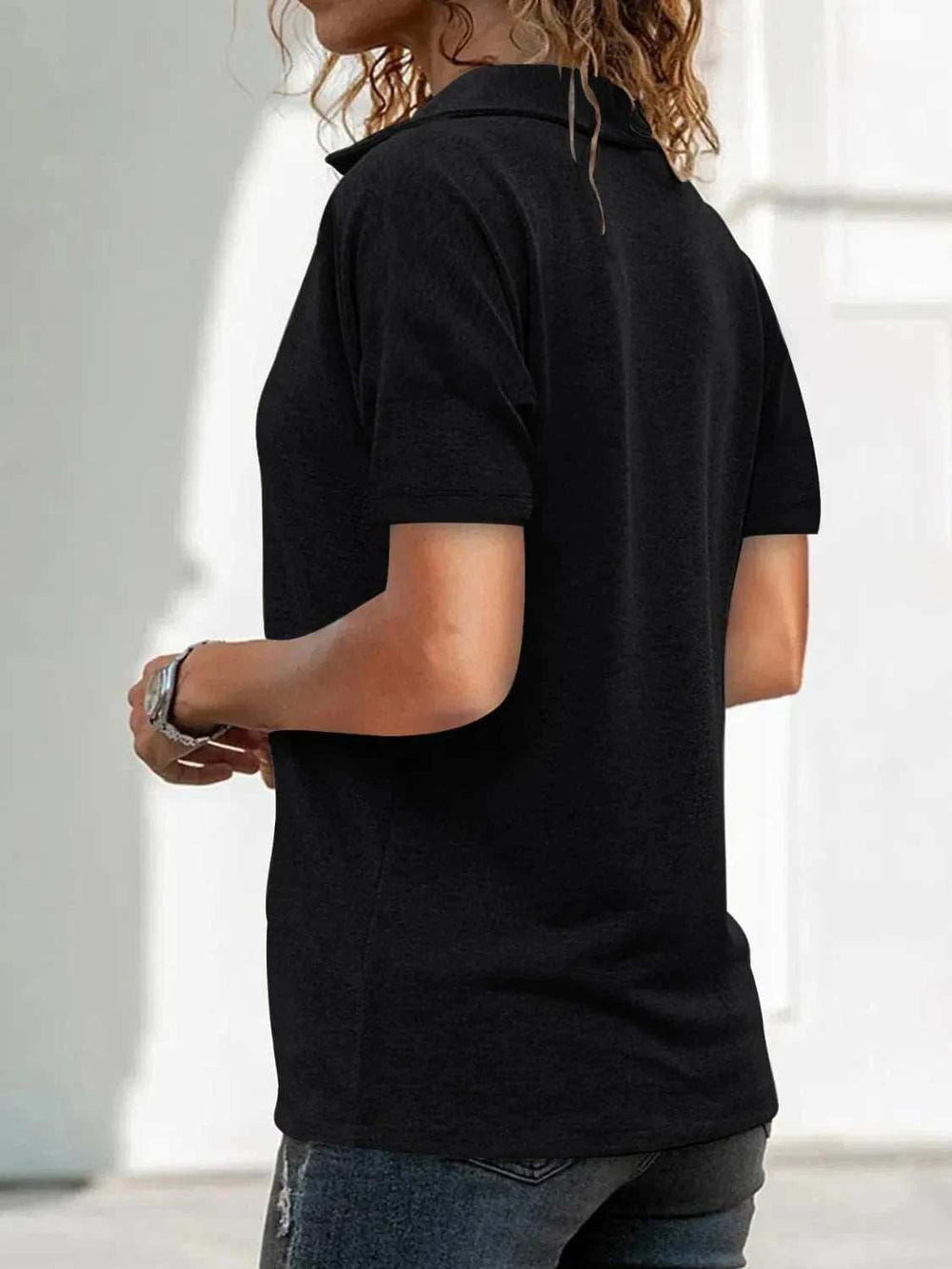 Zip Collar Short Sleeve Top - Trendsi - Flyclothing LLC