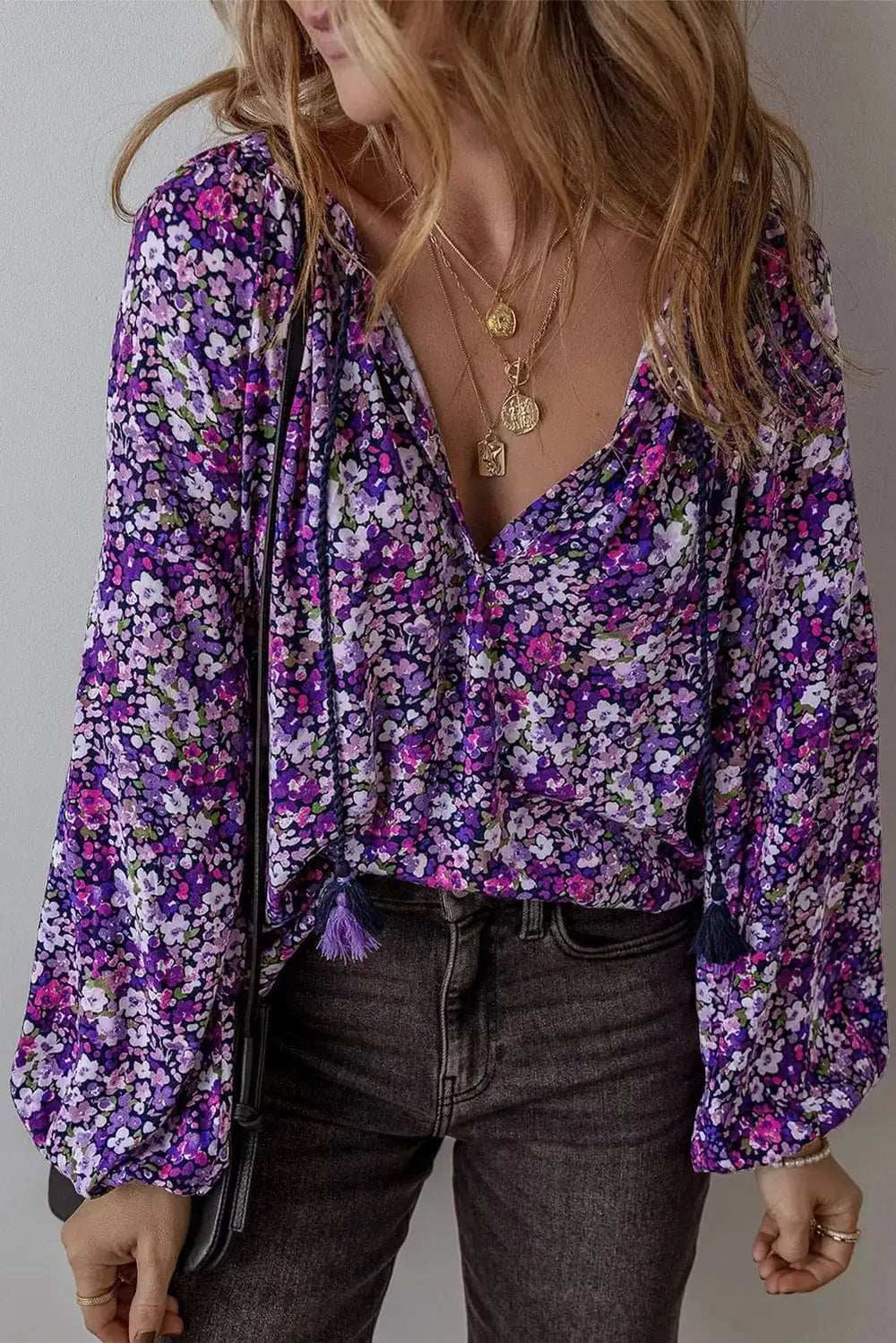 Floral Tie Neck Long Sleeve Blouse - Trendsi - Flyclothing LLC