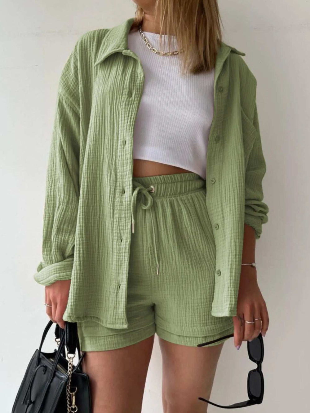 Textured Button Up Shirt and Shorts Set - Trendsi - Flyclothing LLC