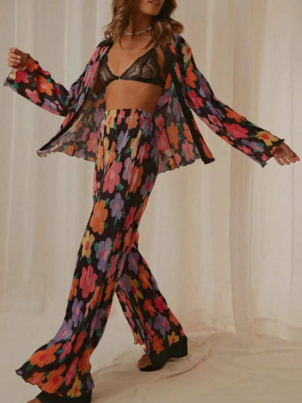 Printed Collared Neck Long Sleeve Top and Pants Lounge Set - Trendsi - Flyclothing LLC