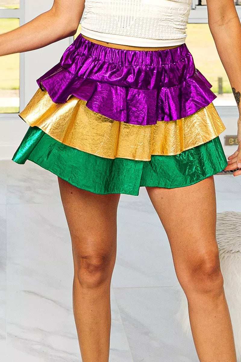 BiBi Mardi Gras Color Block Metallic Tiered Skirt - Trendsi - Flyclothing LLC