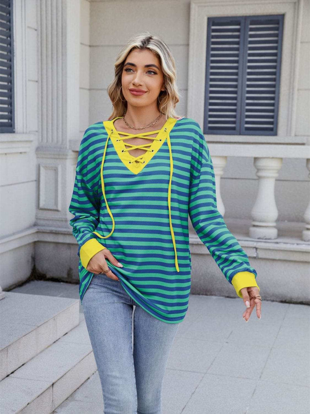 Lace-Up Striped Long Sleeve T-Shirt - Trendsi - Flyclothing LLC