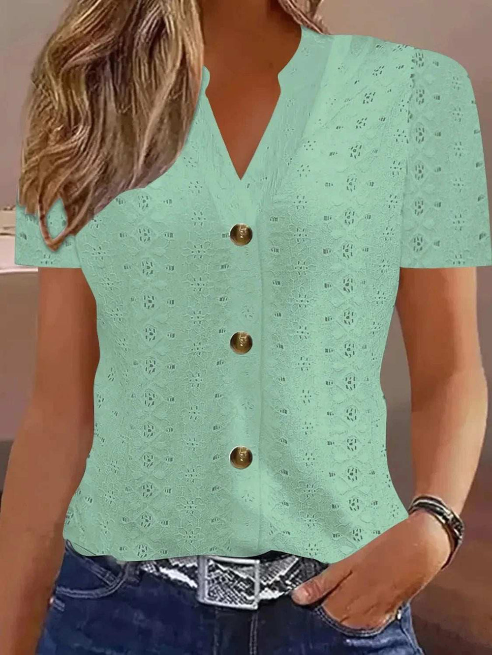 Openwork Notched Short Sleeve Top - Trendsi - Flyclothing LLC