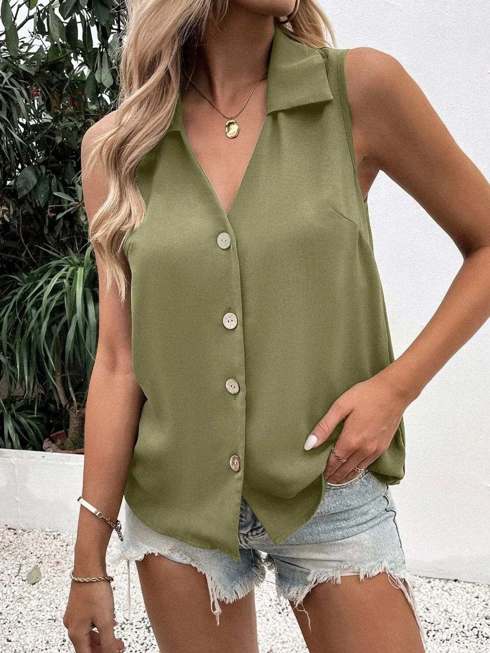 Johnny Collared Button Up Sleeveless Top - Trendsi - Flyclothing LLC