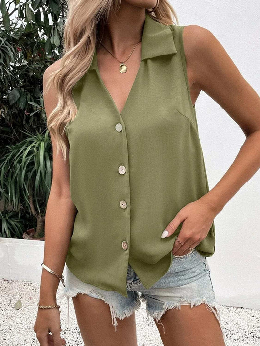 Johnny Collared Button Up Sleeveless Top - Trendsi - Flyclothing LLC